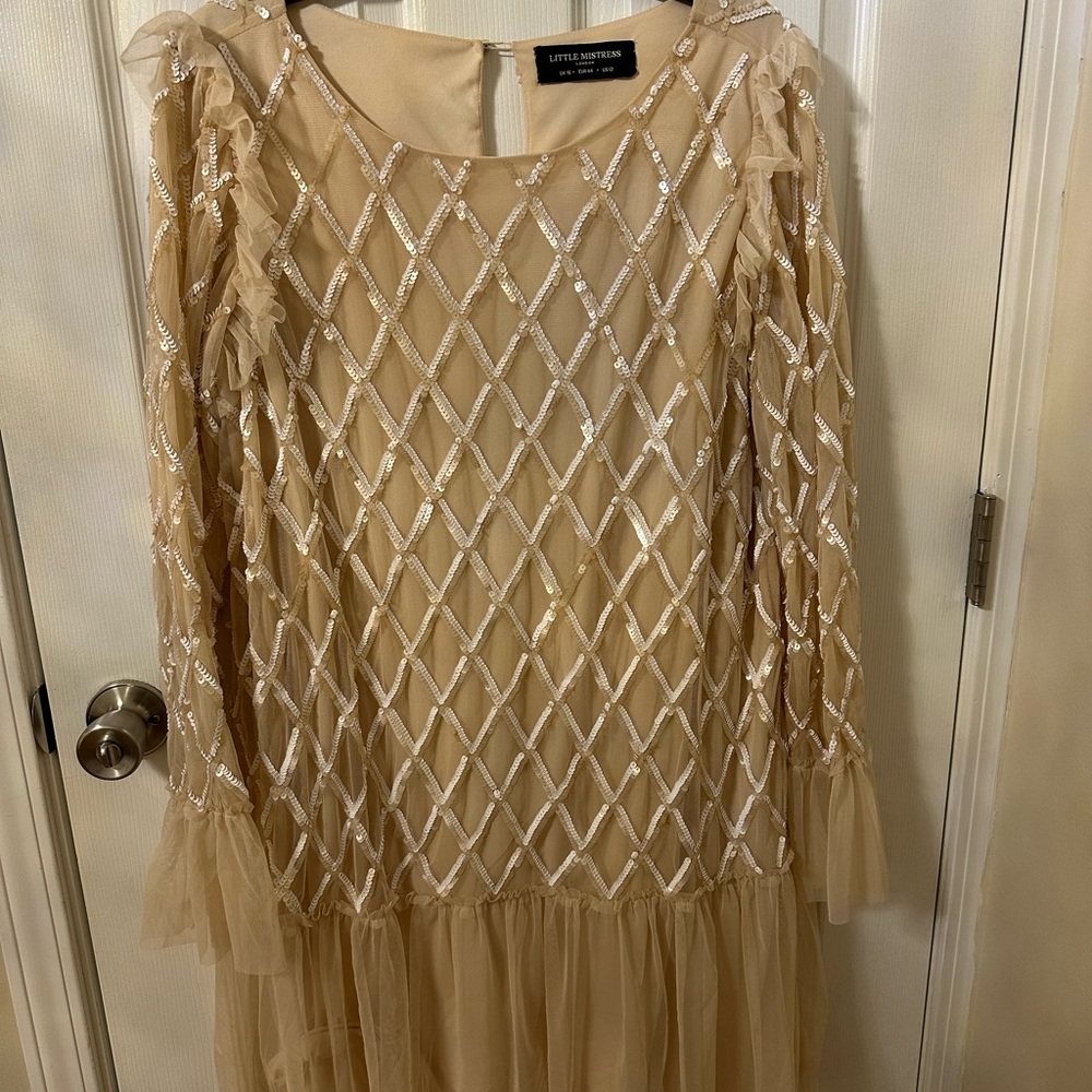 Little Mistress Beige Tulle Sequin Embellished Dress